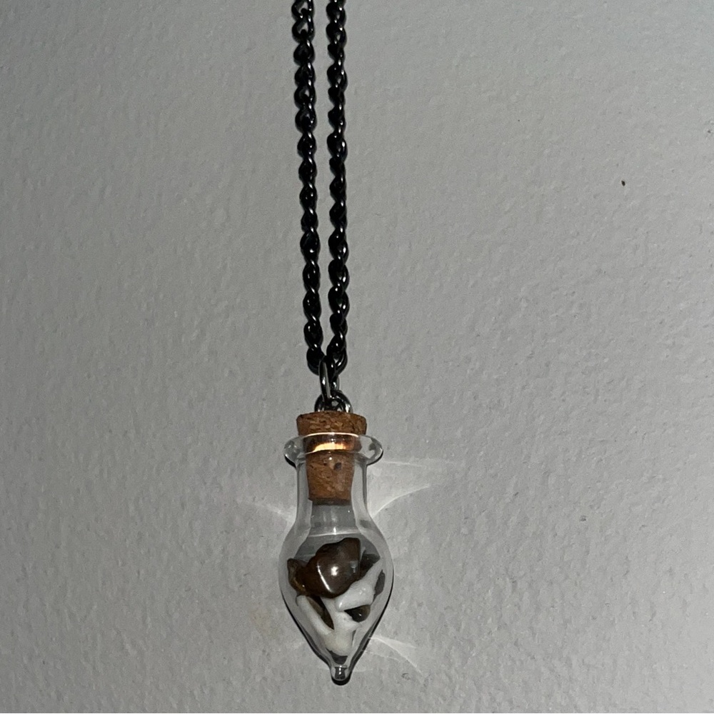 Real teeth & tigers eye pendant Necklace with Glass Vial and black chain